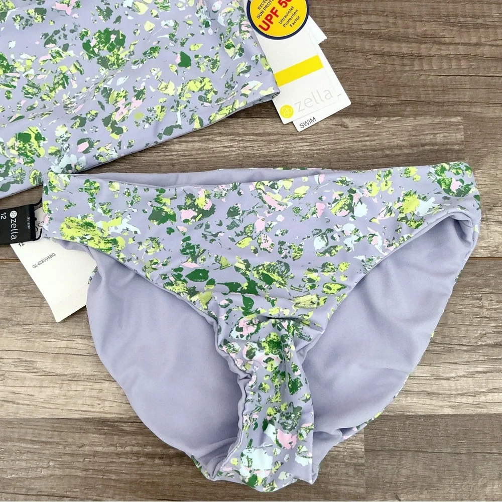 New Girls Zella Reversible Cosmic Purple Floral Bikini High Neck Size 12